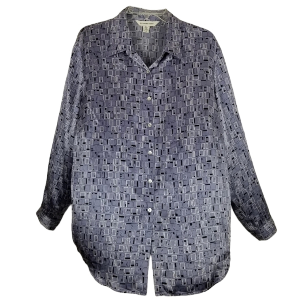 August Max Woman 14W 100% Silk Blouse Long Sleeve Purple Black Geometric Retro